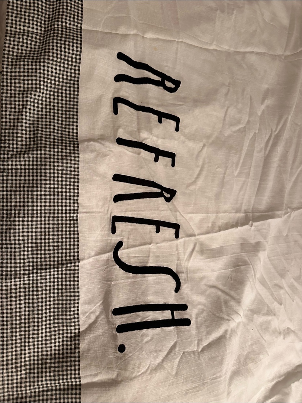 Rae Dunn White Shower Curtain with Black Lettering and Gingham Trim